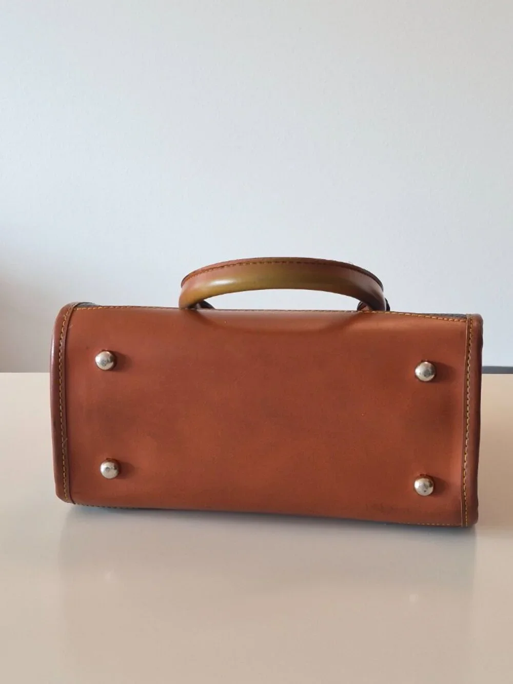 Vintage Dooney & Bourke AWL Small Satchel Top Handle Navy British Tan